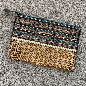 NWT beaded clutch purse gold, black, & blue w/ zip